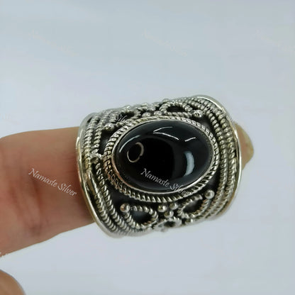 Black Onyx Ring, 925 Sterling Silver Cocktail Chunky Ring, Natural Black Onyx Oval Gemstone Handmade Jewelry, July Birthstone, Gift for Him