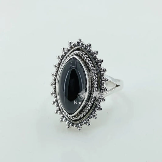 Black Onyx Ring, 925 Sterling Silver Handmade Statement Promise Ring, Natural Black Gemstone Marquise Jewelry, July Birthstone, Gift for her