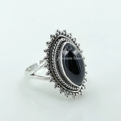 Black Onyx Ring, 925 Sterling Silver Handmade Statement Promise Ring, Natural Black Gemstone Marquise Jewelry, July Birthstone, Gift for her