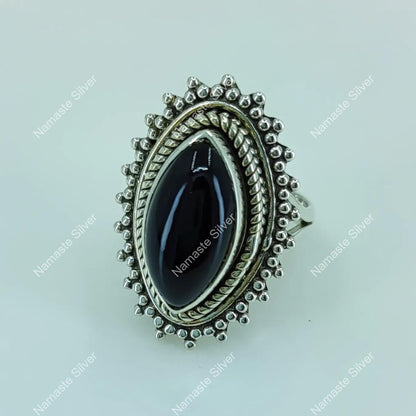 Black Onyx Ring, 925 Sterling Silver Handmade Statement Promise Ring, Natural Black Gemstone Marquise Jewelry, July Birthstone, Gift for her