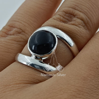 Black Onyx Ring, 925 Sterling Silver Handmade Statement Promise Ring, Natural Black Gemstone Round Jewelry, July Birthstone, Gift for her