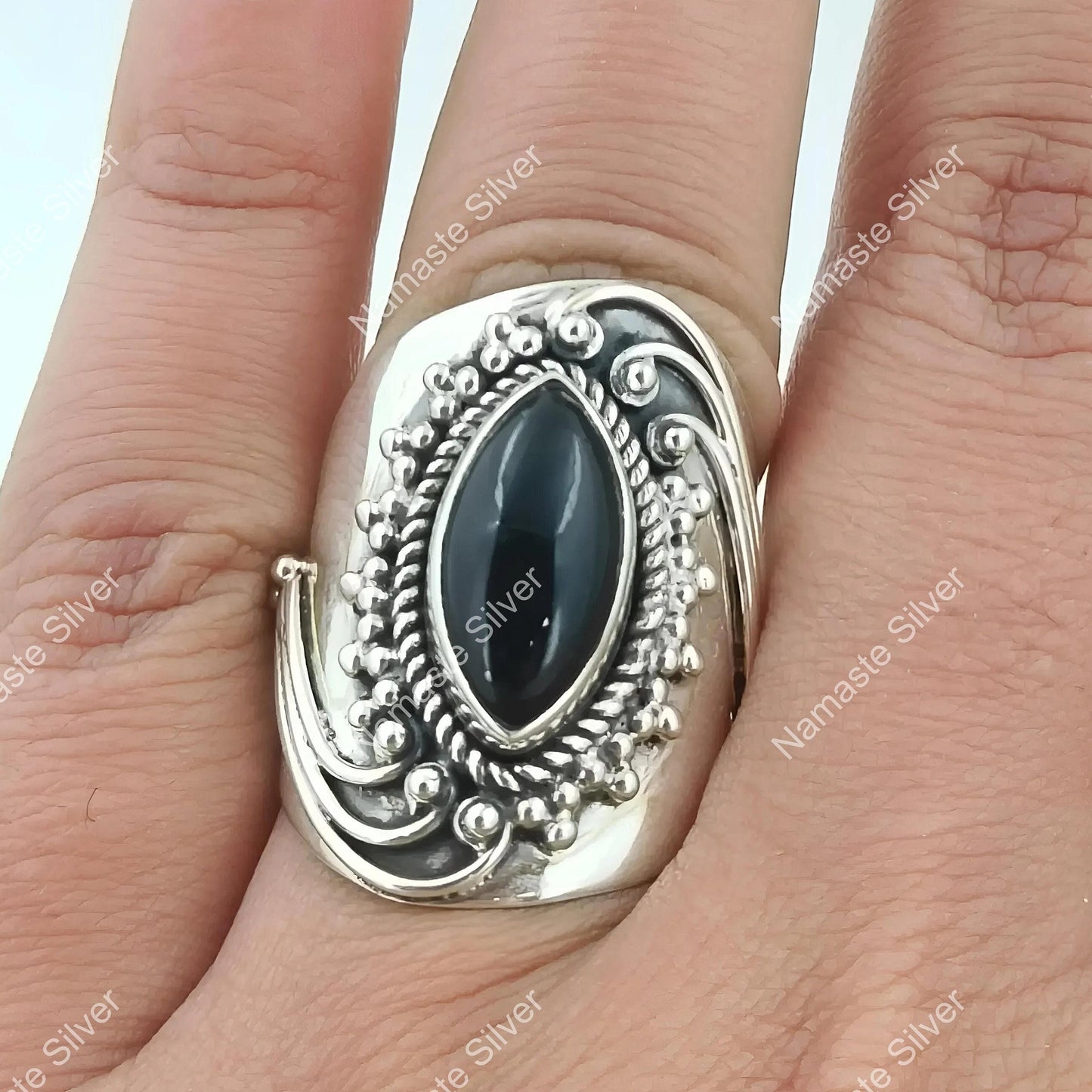 Black Onyx Ring, 925 Sterling Silver Statement Promise Ring, Natural Onyx Marquise Gemstone Handmade Jewelry, July Birthstone, Gift for her