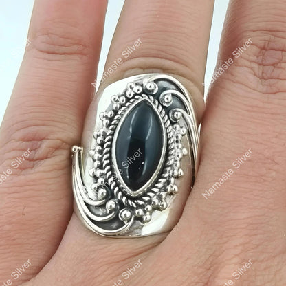 Black Onyx Ring, 925 Sterling Silver Statement Promise Ring, Natural Onyx Marquise Gemstone Handmade Jewelry, July Birthstone, Gift for her