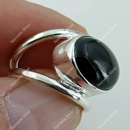 Black Onyx Ring, 925 Sterling Silver Statement Promise Ring, Natural Onyx Gemstone Oval Handmade Boho Jewelry, July Birthstone, Gift for her
