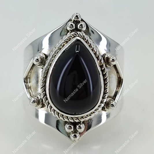 Black Onyx Ring, 925 Sterling Silver Handmade Statement Ring, Natural Black Gemstone Pear Shape Jewelry, July Birthstone, Gift for her