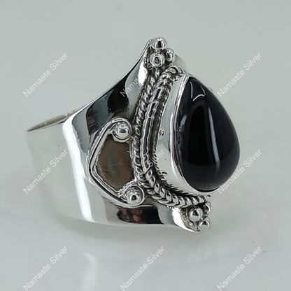 Black Onyx Ring, 925 Sterling Silver Handmade Statement Ring, Natural Black Gemstone Pear Shape Jewelry, July Birthstone, Gift for her