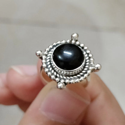 Black Onyx Ring, 925 Sterling Silver Ring for Women, Natural Black Onyx Round Gemstone Handmade Jewelry, July Birthstone, Boho Gift for Her