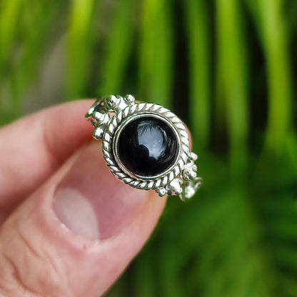 Black Onyx Ring, 925 Sterling Silver Promise Ring for Women, July Birthstone, Natural Onyx Round Gemstone Handmade Jewelry, Gift for Her