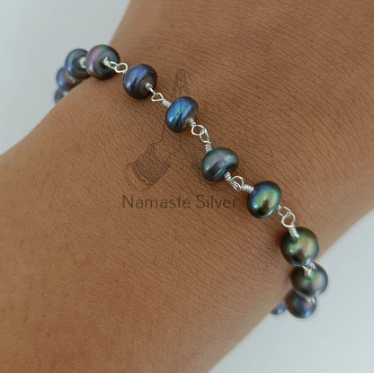 Black Pearl Bracelet, 925 Sterling Silver Beaded Bracelet, Freshwater Black Pearl Handmade Jewelry, Unique Gift for Her, June Birthstone