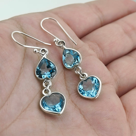Blue Topaz Earrings, 925 Sterling Silver Dangle Drop Earrings, Natural Blue Topaz Heart shape Gemstone Handmade Jewelry, December Birthstone
