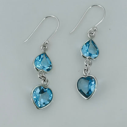Blue Topaz Earrings, 925 Sterling Silver Dangle Drop Earrings, Natural Blue Topaz Heart shape Gemstone Handmade Jewelry, December Birthstone