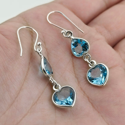 Blue Topaz Earrings, 925 Sterling Silver Dangle Drop Earrings, Natural Blue Topaz Heart shape Gemstone Handmade Jewelry, December Birthstone