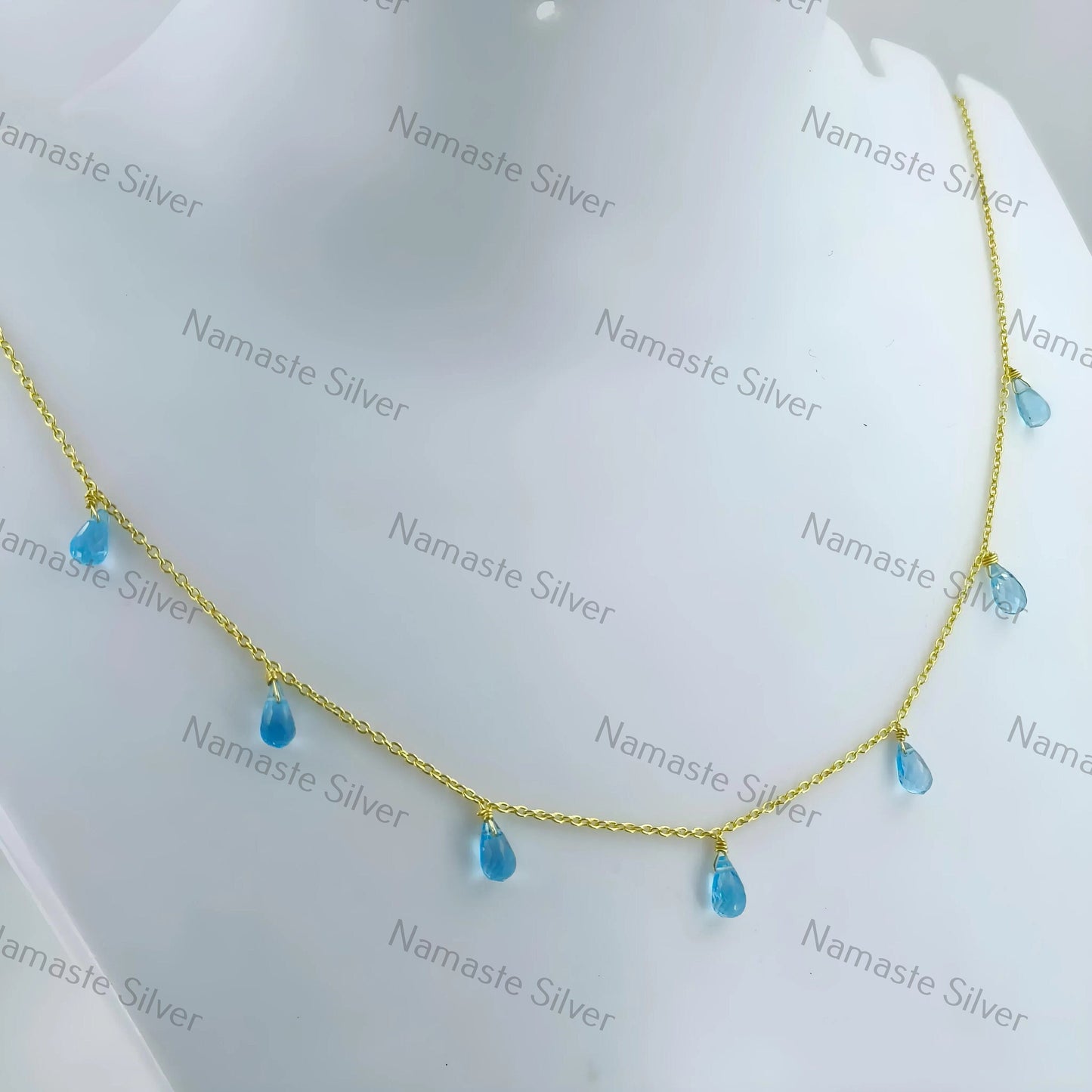 Blue Topaz Necklace, 925 Sterling Silver Handmade Gold Filled Necklace, Natural Blue Gemstone Tear Drops Beads Jewelry, Elegant Gift for Her