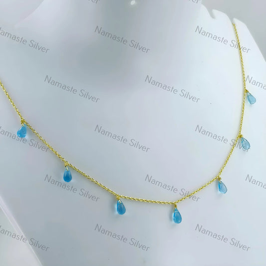 Blue Topaz Necklace, 925 Sterling Silver Handmade Gold Filled Necklace, Natural Blue Gemstone Tear Drops Beads Jewelry, Elegant Gift for Her