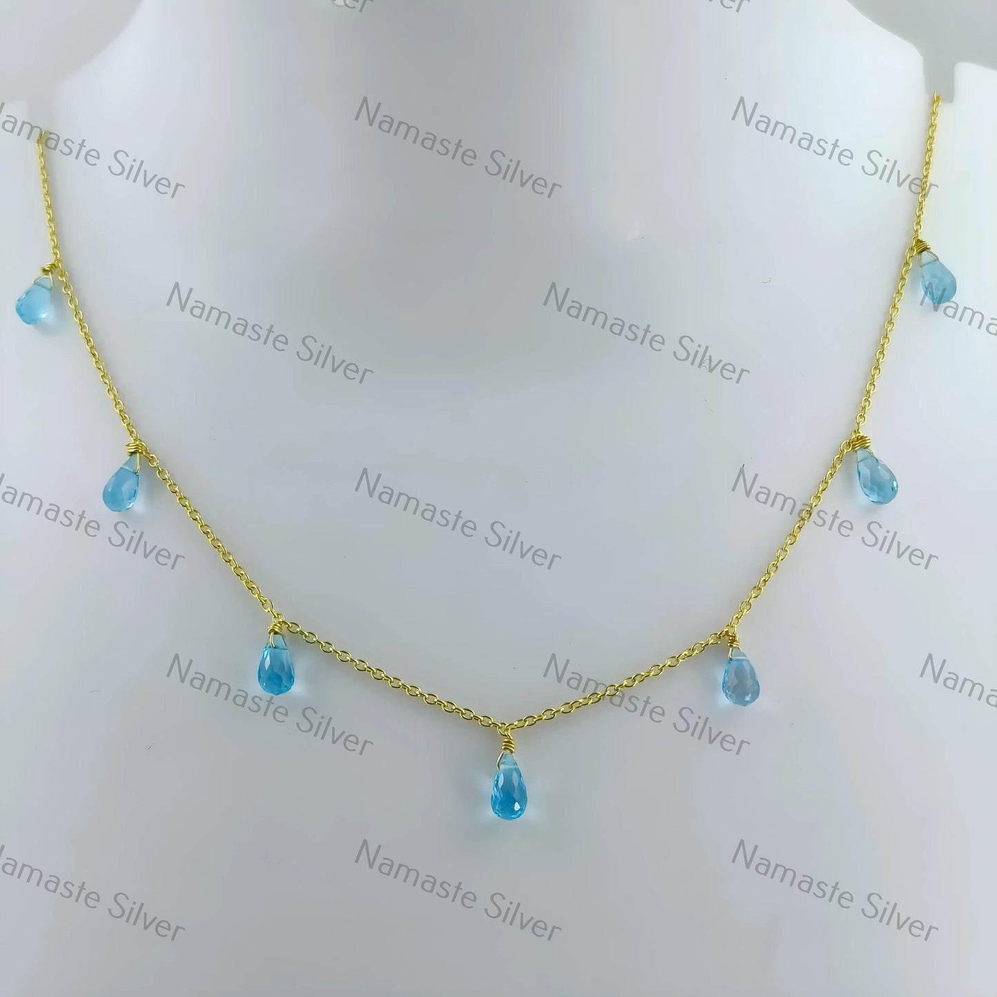 Blue Topaz Necklace, 925 Sterling Silver Handmade Gold Filled Necklace, Natural Blue Gemstone Tear Drops Beads Jewelry, Elegant Gift for Her