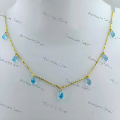 Blue Topaz Necklace, 925 Sterling Silver Handmade Gold Filled Necklace, Natural Blue Gemstone Tear Drops Beads Jewelry, Elegant Gift for Her