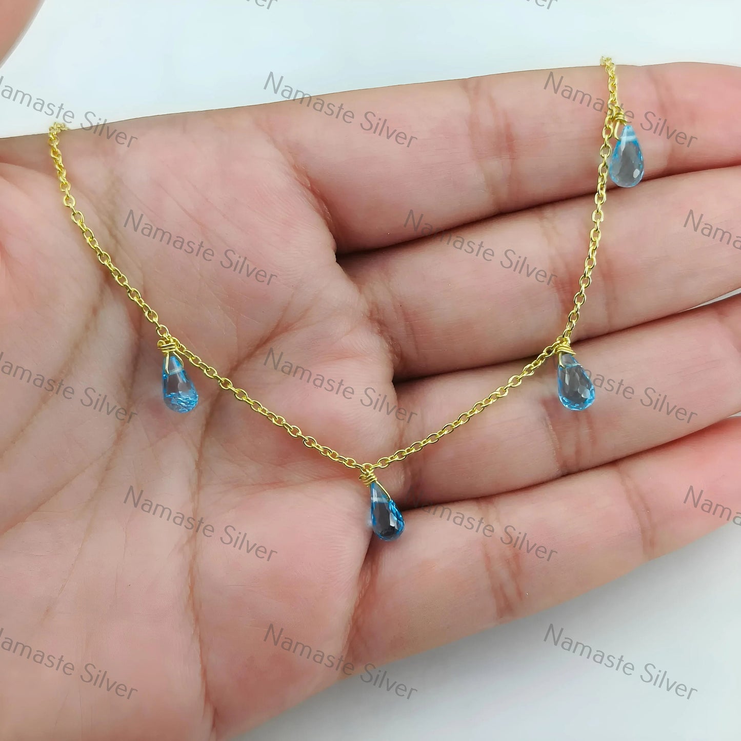 Blue Topaz Necklace, 925 Sterling Silver Handmade Gold Filled Necklace, Natural Blue Gemstone Tear Drops Beads Jewelry, Elegant Gift for Her