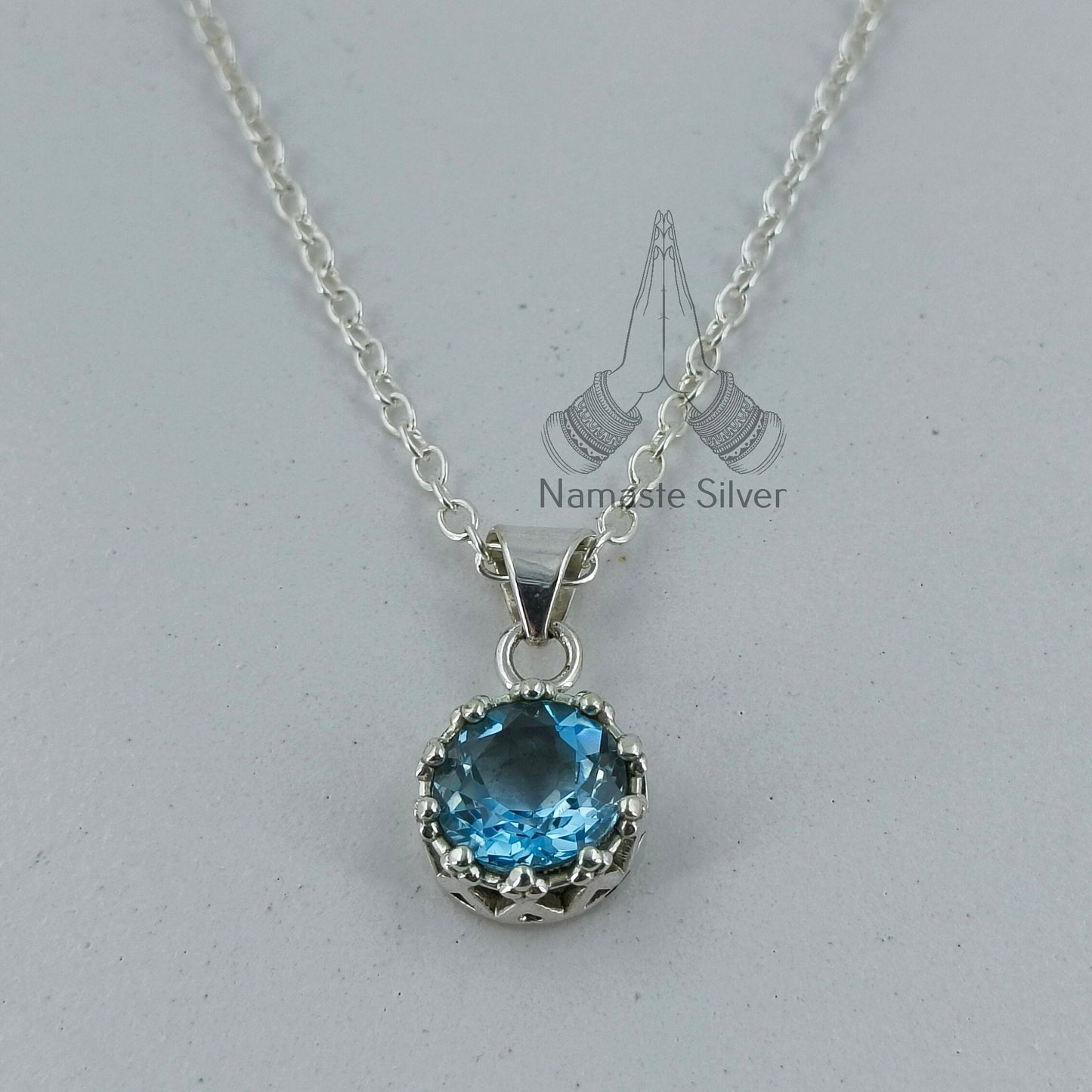 Blue Topaz Necklace, 925 Sterling Silver Pendant, Dainty Chain Locket, Natural Blue Topaz Round Gemstone Handmade Boho Jewelry, Gift for her