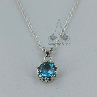Blue Topaz Necklace, 925 Sterling Silver Pendant, Dainty Chain Locket, Natural Blue Topaz Round Gemstone Handmade Boho Jewelry, Gift for her