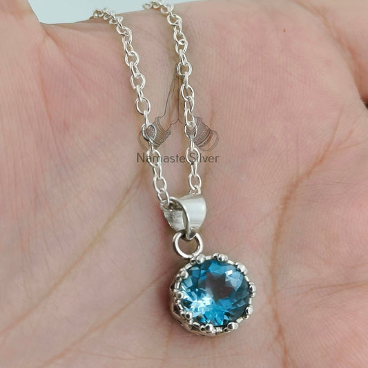 Blue Topaz Necklace, 925 Sterling Silver Pendant, Dainty Chain Locket, Natural Blue Topaz Round Gemstone Handmade Boho Jewelry, Gift for her