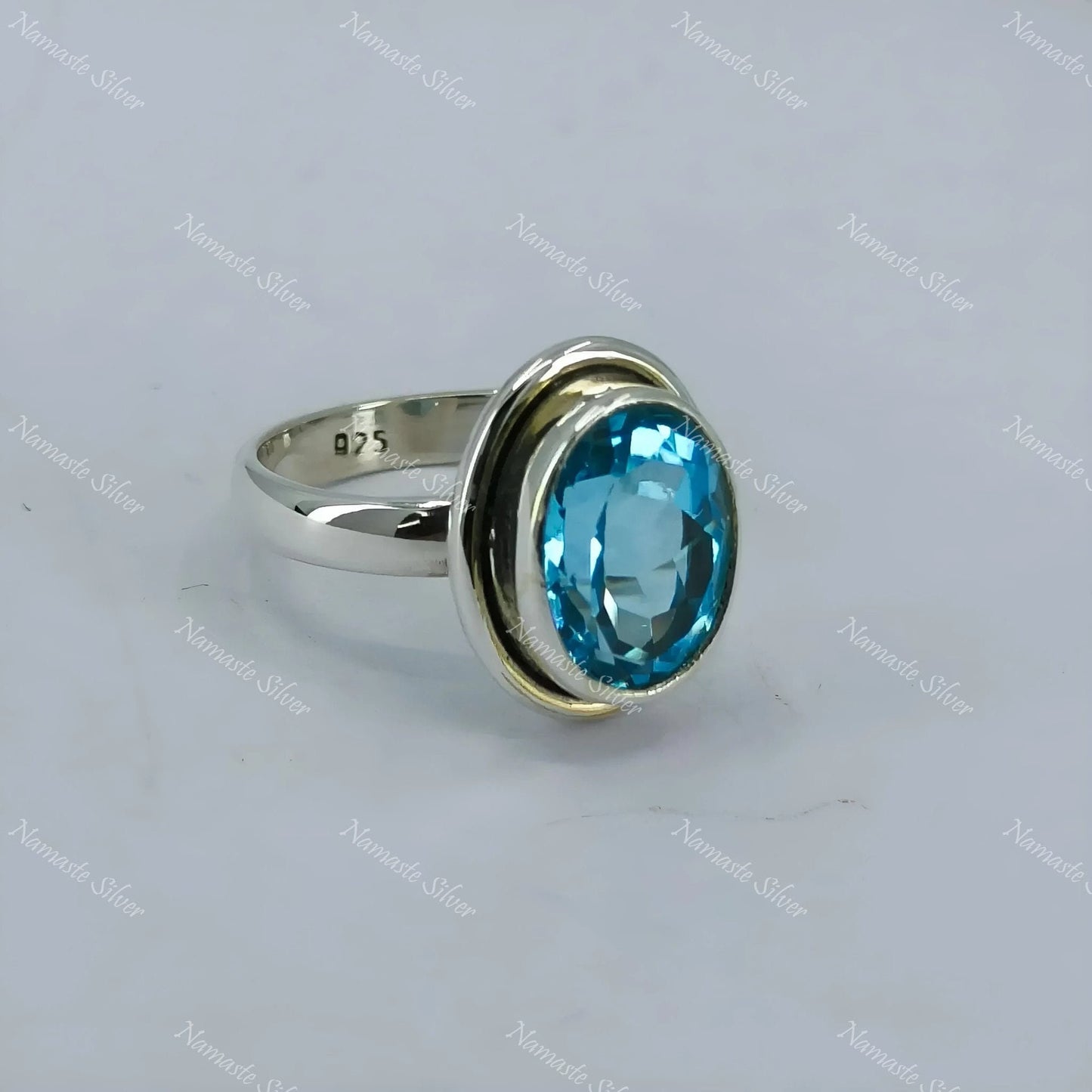 Blue Topaz Ring, 925 Sterling Silver Statement Promise Ring, Natural Topaz Oval Gemstone Handmade Boho Jewelry, December Birthstone Gift