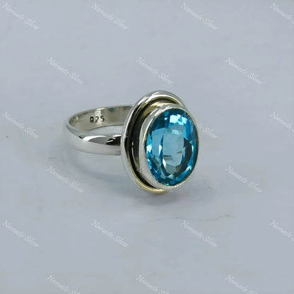 Blue Topaz Ring, 925 Sterling Silver Statement Promise Ring, Natural Topaz Oval Gemstone Handmade Boho Jewelry, December Birthstone Gift
