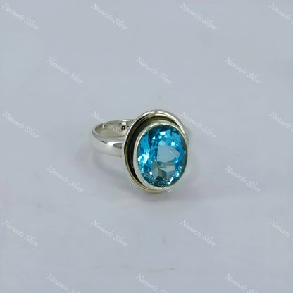 Blue Topaz Ring, 925 Sterling Silver Statement Promise Ring, Natural Topaz Oval Gemstone Handmade Boho Jewelry, December Birthstone Gift