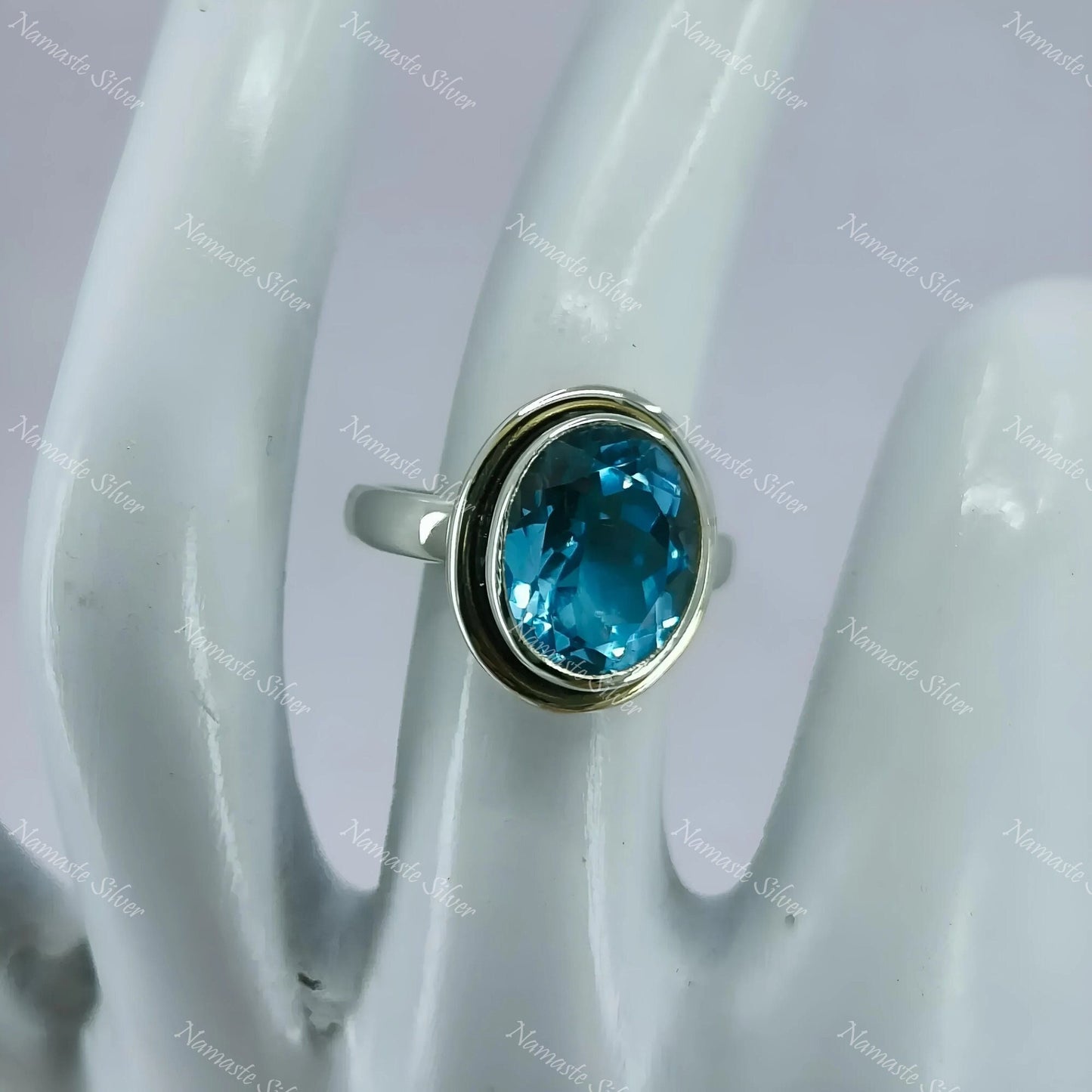 Blue Topaz Ring, 925 Sterling Silver Statement Promise Ring, Natural Topaz Oval Gemstone Handmade Boho Jewelry, December Birthstone Gift