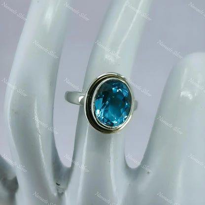 Blue Topaz Ring, 925 Sterling Silver Statement Promise Ring, Natural Topaz Oval Gemstone Handmade Boho Jewelry, December Birthstone Gift