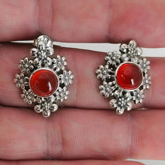 Carnelian Earrings, 925 Sterling Silver Floral Earrings, Natural Carnelian Round Gemstone Handmade Jewelry, July Birthstone, Gift for Her