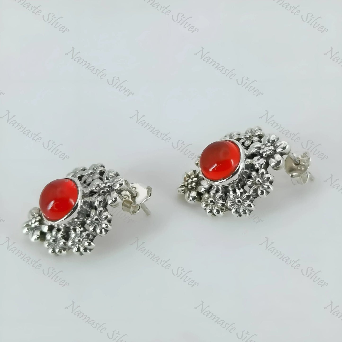 Carnelian Earrings, 925 Sterling Silver Floral Earrings, Natural Carnelian Round Gemstone Handmade Jewelry, July Birthstone, Gift for Her