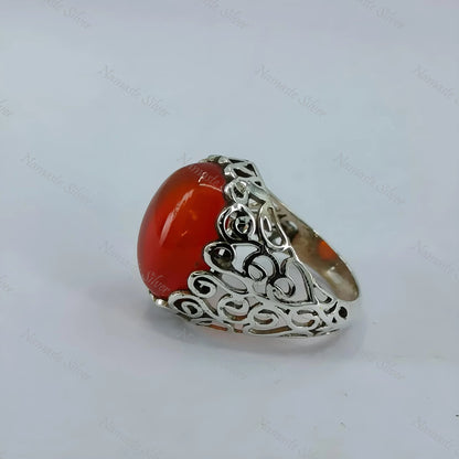Carnelian Ring, 925 Sterling Silver Statement Promise Ring, Natural Carnelian Oval Gemstone Handmade Boho Jewelry, July Birthstone Gift