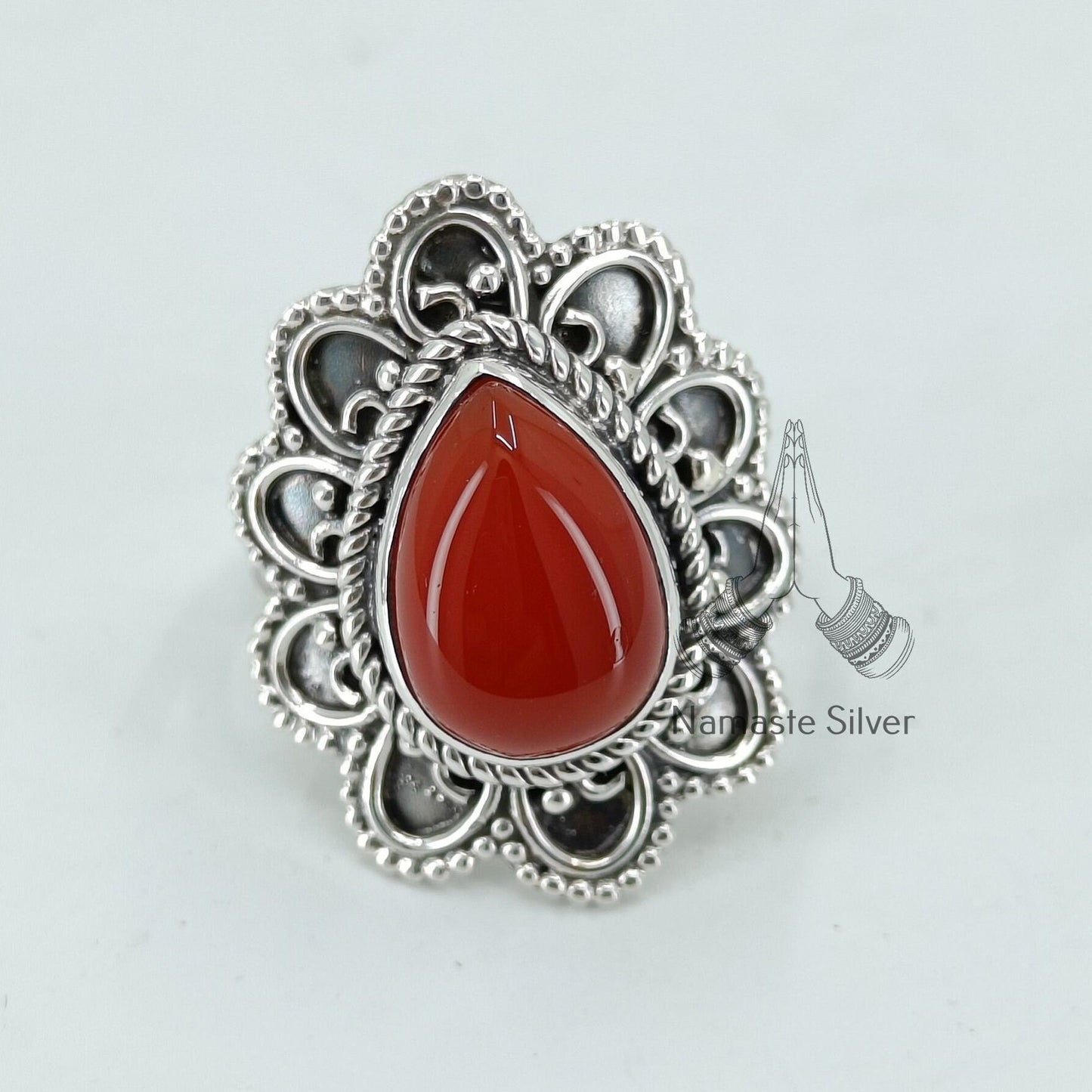 Carnelian Ring, 925 Sterling Silver Statement Promise Ring, Natural Carnelian Pearshape Gemstone Handmade Boho Jewelry, July Birthstone Gift