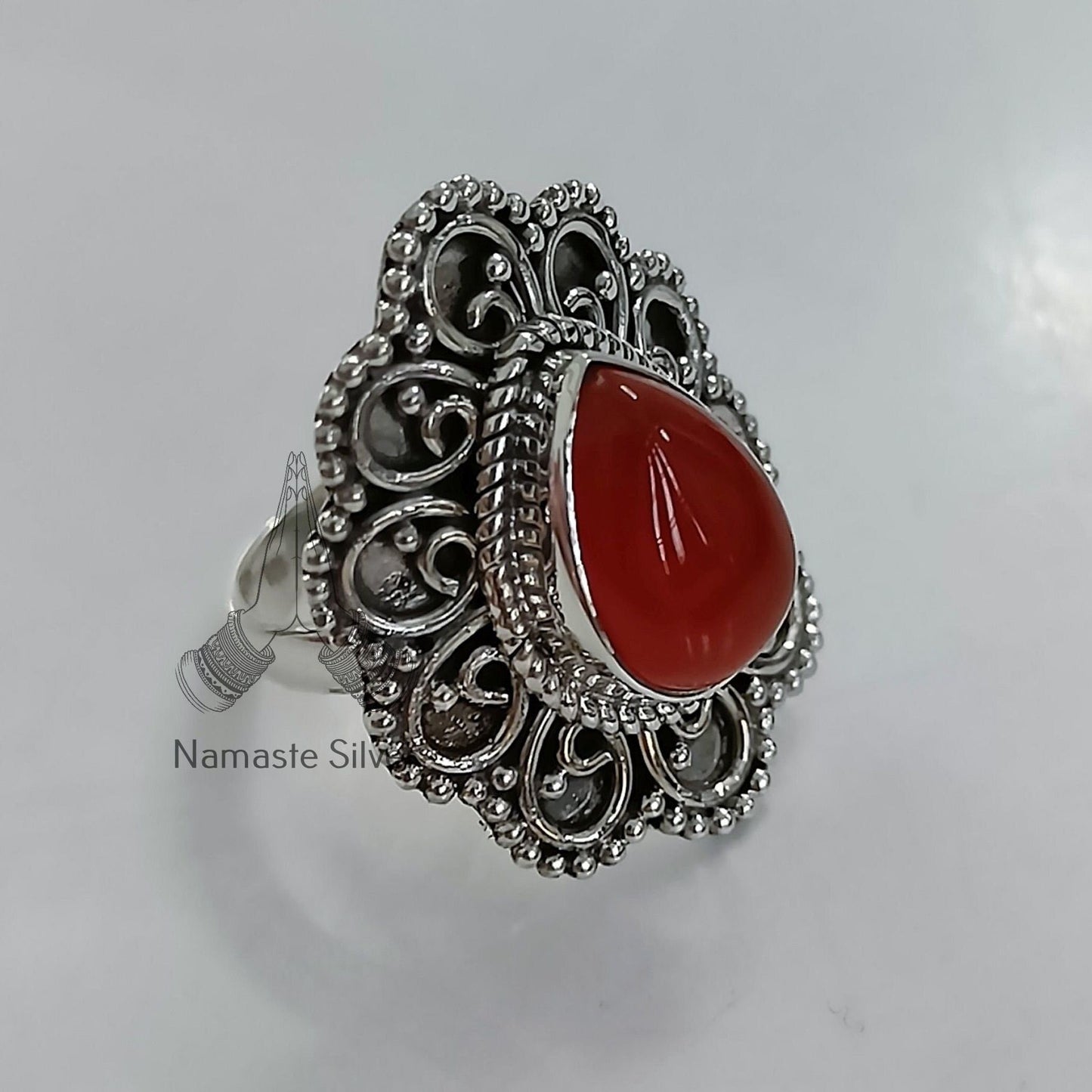 Carnelian Ring, 925 Sterling Silver Statement Promise Ring, Natural Carnelian Pearshape Gemstone Handmade Boho Jewelry, July Birthstone Gift