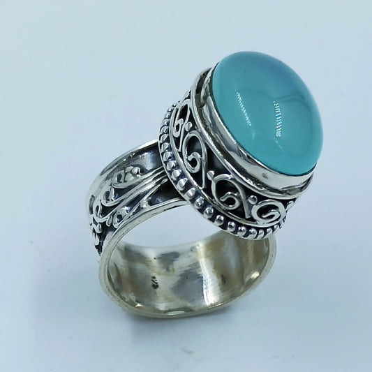 Chalcedony Ring, 925 Sterling Silver Handmade Cocktail Ring, Natural Aqua Blue Chalcedony Oval Gemstone Handmade Boho Jewelry, Gift For Her