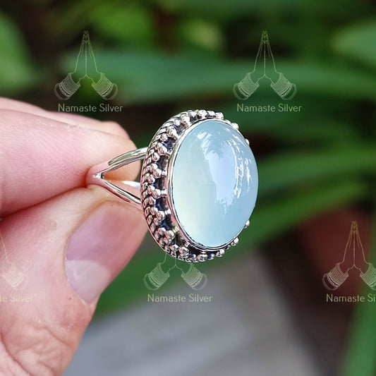 Chalcedony Ring, 925 Sterling Silver Handmade Statement Promise Ring, Natural Chalcedony Oval Gemstone Jewelry, May Birthstone, Gift For Her