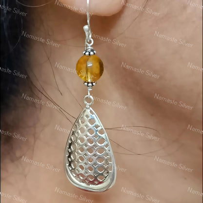 Citrine Dangle Earrings, 925 Sterling Silver Pear Shape Mesh Earrings, Natural Yellow Round Beads Gemstone Handmade Jewelry, Gift for Her