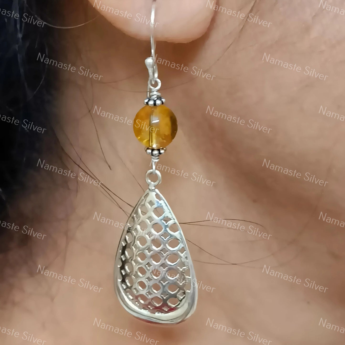 Citrine Dangle Earrings, 925 Sterling Silver Pear Shape Mesh Earrings, Natural Yellow Round Beads Gemstone Handmade Jewelry, Gift for Her