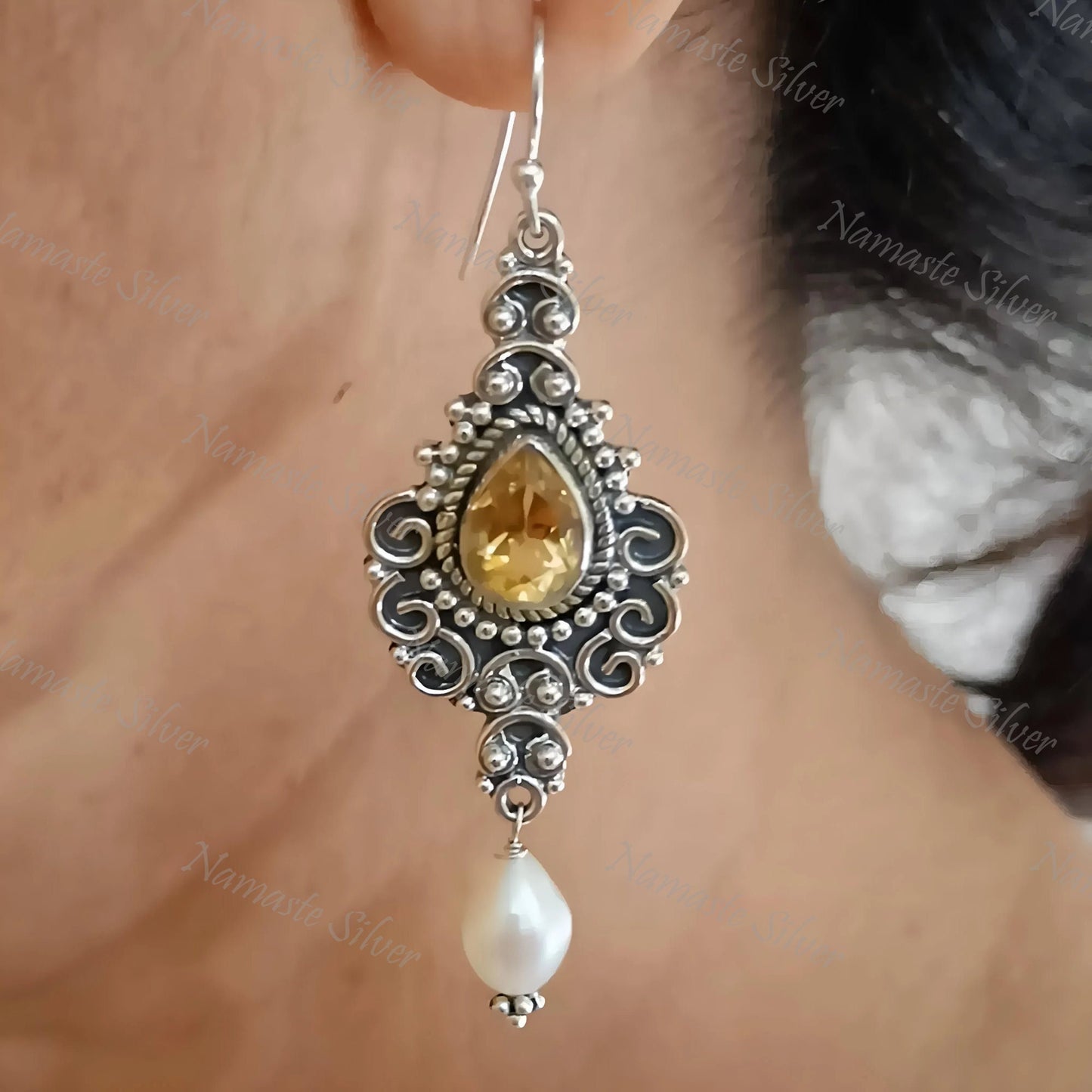 Citrine Pearl Earrings, 925 Sterling Silver Dangle Drop Earrings, Freshwater Pearl, Natural Citrine Pear shape Gemstone Jewelry, Boho Gift
