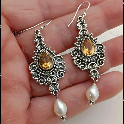 Citrine Pearl Earrings, 925 Sterling Silver Dangle Drop Earrings, Freshwater Pearl, Natural Citrine Pear shape Gemstone Jewelry, Boho Gift