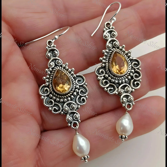 Citrine Pearl Earrings, 925 Sterling Silver Dangle Drop Earrings, Freshwater Pearl, Natural Citrine Pear shape Gemstone Jewelry, Boho Gift