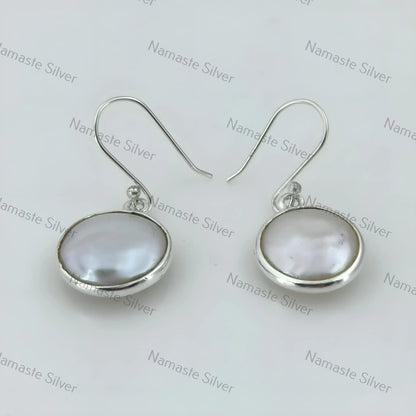 Coin Pearl Dangle Earrings, Sterling Silver Pearl Earrings, Handmade Freshwater Coin Pearl Jewelry, June Birthstone, Elegant Gift for Her