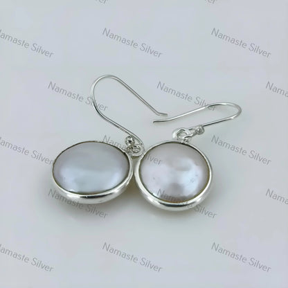 Coin Pearl Dangle Earrings, Sterling Silver Pearl Earrings, Handmade Freshwater Coin Pearl Jewelry, June Birthstone, Elegant Gift for Her