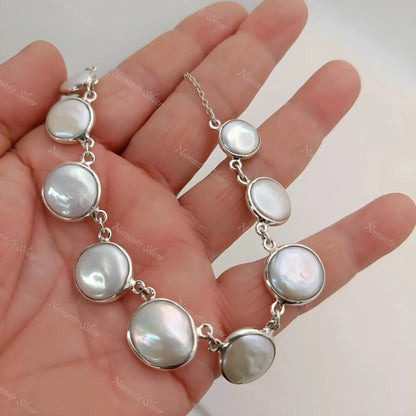 Coin Pearl Necklace, 925 Sterling Silver Choker Necklace, Freshwater Coin Pearl Handmade Boho Jewelry, June Birthstone, Unique Gift For Her