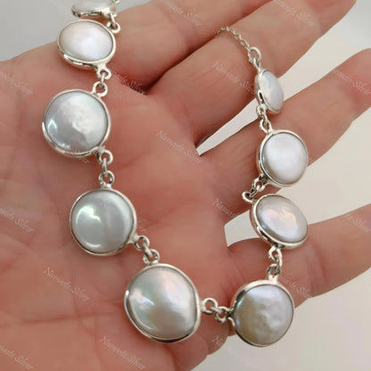 Coin Pearl Necklace, 925 Sterling Silver Choker Necklace, Freshwater Coin Pearl Handmade Boho Jewelry, June Birthstone, Unique Gift For Her