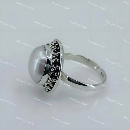 Pearl Ring, 925 Sterling Silver Statement Promise Ring for Women, Freshwater Coin Pearl Handmade Boho Jewelry, June Birthstone, Gift for Her