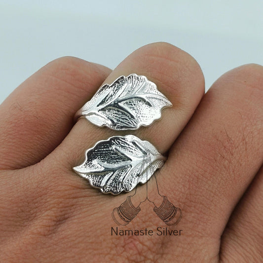 Dual Leaf sterling silver Ring Size Adjustable Handmade Statement Ring Plant Lover Gift for Her Birthday Anniversary Christmas Valentine Day