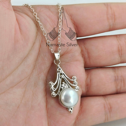 Pearl Necklace, 925 Sterling Silver Pendant Chain Necklace for Women, Gift for her, Freshwater Pearl Handmade Jewelry, June Birthstone Gift