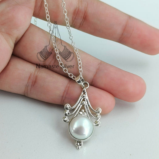 Pearl Necklace, 925 Sterling Silver Pendant Chain Necklace for Women, Gift for her, Freshwater Pearl Handmade Jewelry, June Birthstone Gift