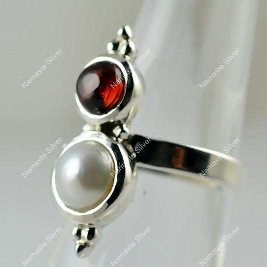 Garnet Pearl Ring, 925 Sterling Silver Statement Promise Ring, Freshwater Pearl and Natural Garnet Gemstone Handmade Jewelry, Gift For Her